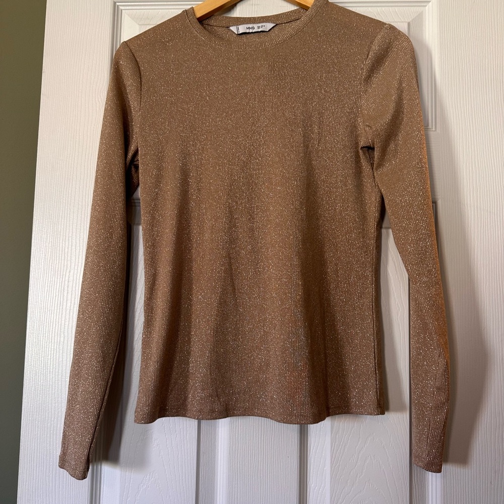 Sparkle Long-Sleeve Crewneck Top in Metallic Tan
